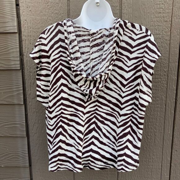 Sigrid Olsen women's size large top Hooded Cap Sleeve cropped 100% Linen Zebra - Picture 2 of 3